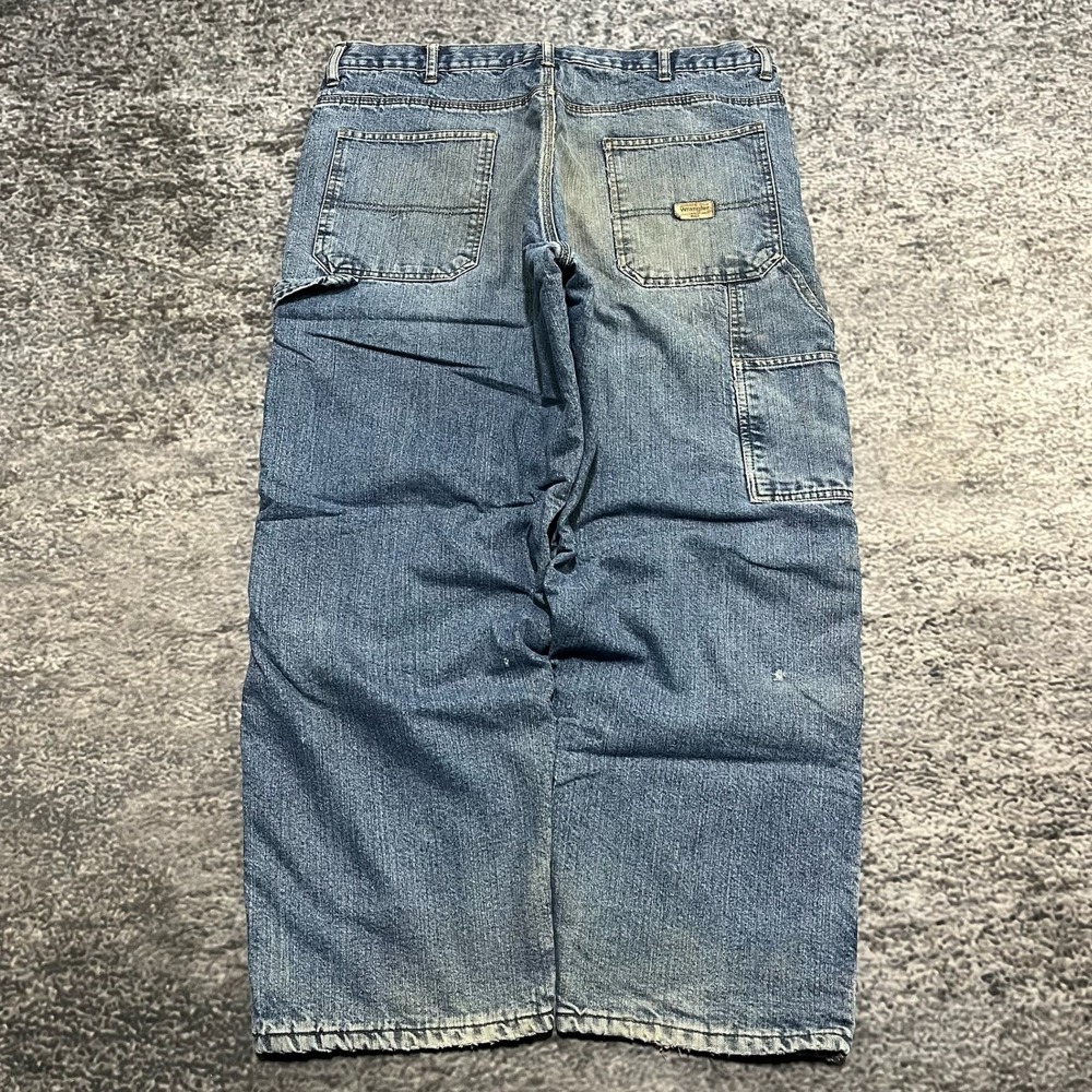 Wrangler Carpenter Jeans 36x29 Blue Distressed Faded Fleece Lined‎ Workwear Y2K